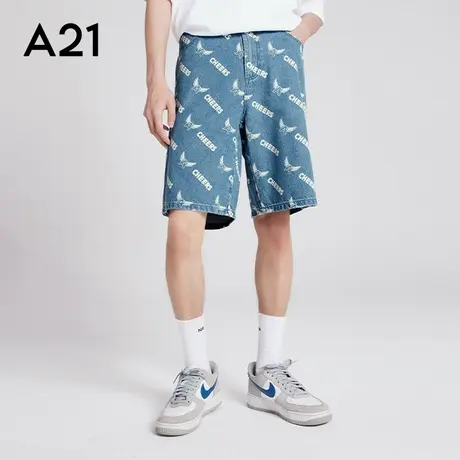 A21男装宽松牛仔裤短直筒中裤2023秋季新款满印纯棉裤子男士短裤图片