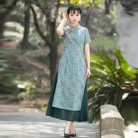 筠雅改良奥黛旗袍中国风女夏季短袖收腰显瘦长款复古气质连衣裙女图片