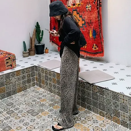 纯诗曼夏装新款豹纹阔腿裤女宽腿长裤时尚休闲松紧腰豹纹印花裤子图片