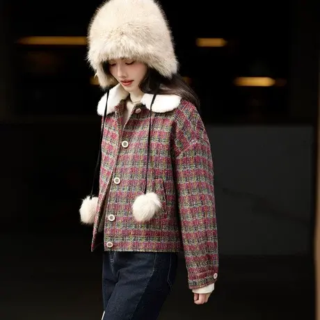 时尚夹克外套2023年冬季新款女翻领宽松百搭小香风加棉厚款上衣图片