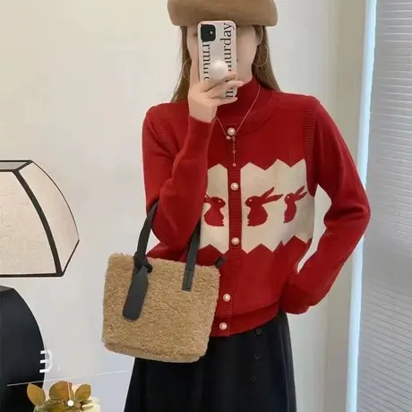 2023年冬季新款高领加厚假两件毛衣女爆款时尚洋气兔子红色针织衫商品大图