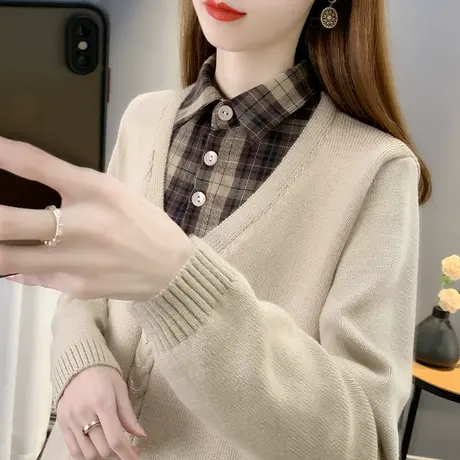 2023年秋装新款假两件女装拼格子衬衫领套头毛衣两件套针织衫女商品大图