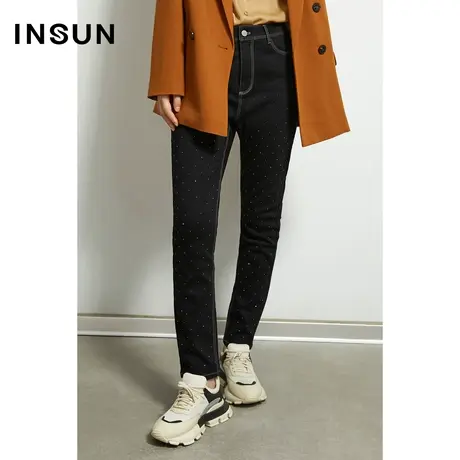 恩裳奥莱冬季黑色波点修身小脚休闲牛仔裤长裤图片