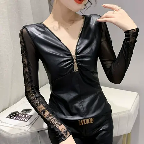 2024春秋新款性感V领T恤女长袖网纱PU拼接小衫洋气设计感拉链上衣图片
