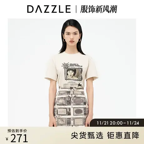 DAZZLE地素奥莱 电视印花复古潮t恤短袖上衣女2D3B3201J商品大图
