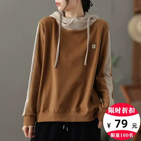 dza宽松薄绒连帽t恤女士秋冬内搭打底衫短款上衣休闲长袖纯棉体恤商品大图