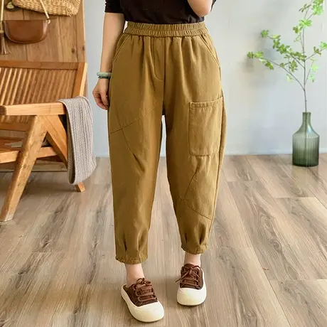 dza 高腰显瘦加厚加绒口袋休闲裤子女秋冬外穿哈伦长裤宽松阔腿裤图片