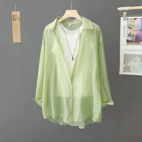 绿色半透防晒衬衫外套女夏季设计感小众外搭开衫宽松薄款防晒服女商品大图