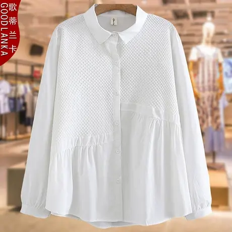 中年50岁妈妈秋装泡泡袖上衣洋气时尚加肥加大码女装拼接白色衬衫商品大图