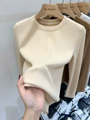 圆领德绒打底衫女秋冬内搭加绒加厚保暖上衣2023新款长袖t恤女潮商品大图