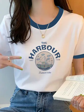 白色仿棉正肩短袖t恤女2023新款夏季美式复古港味chic潮牌上衣服商品大图