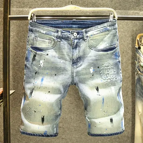 夏季牛仔五分裤男款韩版休闲5分短裤ins潮牌烫印泼墨弹力中裤薄款商品大图