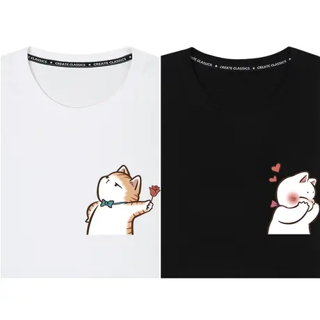 秀洛卡通猫咪情侣装夏季纯棉体恤情侣装短袖t恤女设计感小众夏季图片