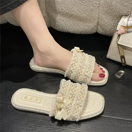 小香风时尚一字拖平底防滑外穿拖鞋2024夏季新款露趾仙女风沙滩拖商品大图