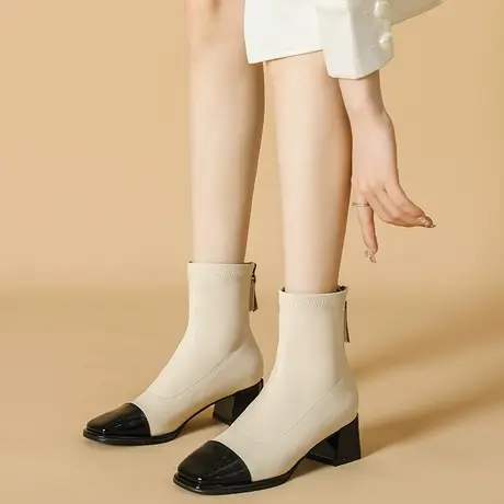 法式拼色方头弹力短靴女2024年冬季新款时尚粗跟马丁靴英伦风裸靴图片