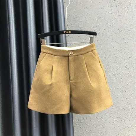 欧货简约休闲裤女23秋冬新款卡其色后松紧腰时尚百搭阔腿短裤靴裤图片