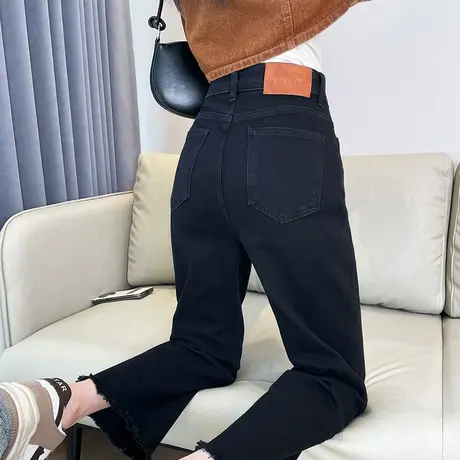 牛仔裤女2024年新款春秋高腰宽松毛边九分小个子黑色直筒烟管裤子商品大图