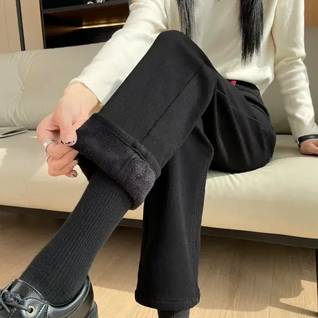 窄版直筒牛仔裤女冬季2024新款加绒加厚高腰显瘦小个子九分烟管裤图片