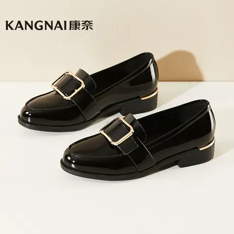 康奈女鞋 春秋纯色套脚方跟浅口单鞋女学院风漆皮尖头纯色女鞋子图片