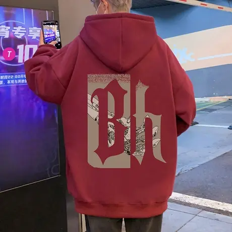 纯棉连帽卫衣男春秋季新款oversize潮流美式外套加绒加厚保暖帽衫商品大图