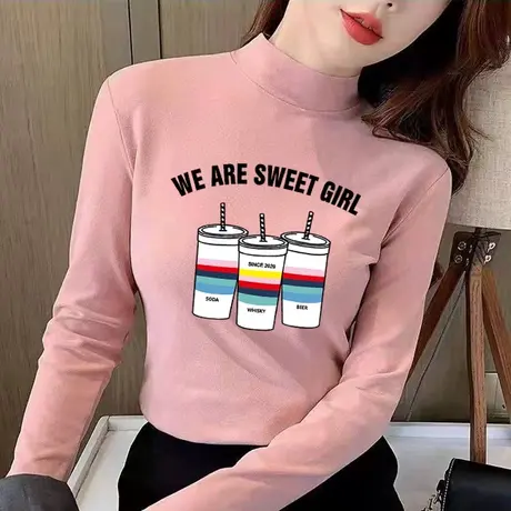 磨毛德绒半高领长袖t恤女时尚百搭加厚白色正肩打底衫上衣秋冬季商品大图