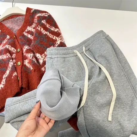 2023新款爆款高腰阔腿休闲裤女冬季宽松学生加绒加厚运动直筒长裤商品大图