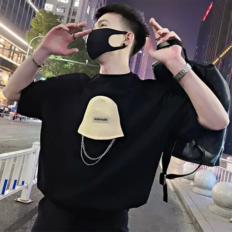 夏季短袖T恤男ins潮牌痞帅链条帽子体恤2023新款潮流百搭休闲半袖商品大图