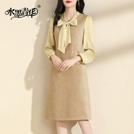 水墨青华2024春季新品简约显瘦打底裙百搭时尚飘带领小香风连衣裙图片