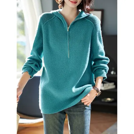 宝诗黎连帽拉链套头羊毛衫女2024春季新款纯色打底慵懒羊毛针织衫图片