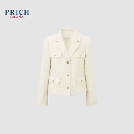 PRICH24春新款小香风格纹肌理粗花呢定制金属扣平驳领西装外套女商品大图
