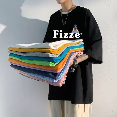 港风纯棉短袖T恤男夏季潮牌衣服男装2023新款宽松半袖情侣体恤衫T商品大图