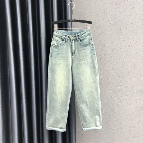 欧货磨白浅色牛仔老爹裤女2024春季新款高腰宽松显瘦百搭哈伦裤潮商品大图