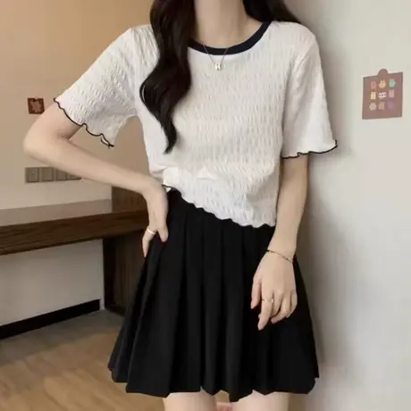 撞色木耳边短袖T恤女早春夏季修身显瘦小个子短款半袖打底衫上衣商品大图