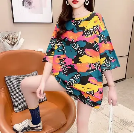 韩版大码欧货潮上衣服半袖体恤T恤女夏装2024新款短袖宽松中长款图片