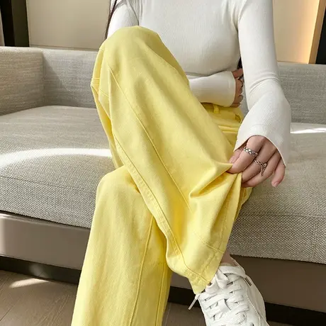 黄色高腰阔腿牛仔裤女秋季新款小个子宽松显瘦直筒休闲垂感拖地裤商品大图