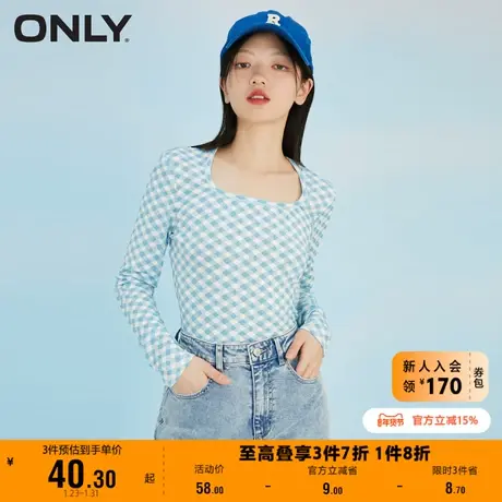【上新】ONLY奥莱夏季修身显瘦棋盘格方领长袖短款T恤女商品大图