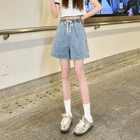 唐狮2024春夏季新款牛仔中裤女抽绳阔腿裤宽松潮流休闲百搭时尚商品大图