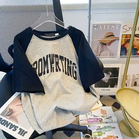 纯棉拼色设计感短袖t恤女ins潮牌夏季宽松复古港味chic半袖上衣服商品大图