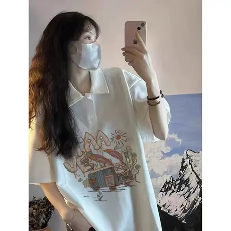 纯棉polo衫设计感短袖t恤女夏季新款小众潮牌宽松慵懒风正肩上衣图片