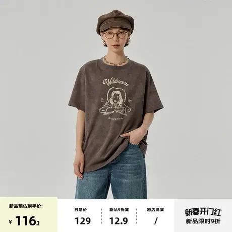 omont蛋挞家  复古扎染印花T恤女2024春季新款圆领宽松休闲短袖图片