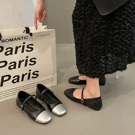 法式复古方头玛丽珍鞋女2024年春季新款配裙子温柔一字带平底单鞋商品大图
