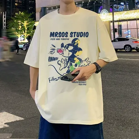 潮牌宽松纯棉短袖T恤男夏季2024新款半袖上衣青少年男生体恤衫ins商品大图