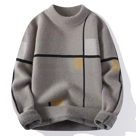 半高领毛衣男秋冬季新款宽松套头针织打底衫潮牌拼色加厚保暖线衣商品大图