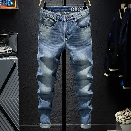 春秋款蓝色水洗牛仔裤男修身小直筒百搭韩版潮流日系复古百搭高端图片