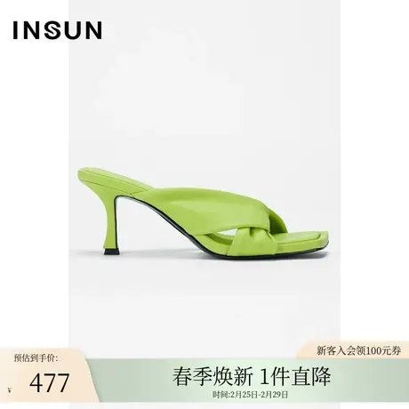 INSUN恩裳夏季绵羊皮褶皱斜方头凉鞋图片