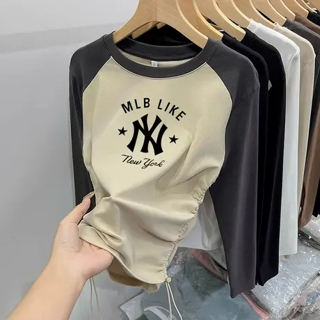 2024早春t恤女长袖圆领抽绳撞色设计感小众印花外穿chic上衣超火商品大图