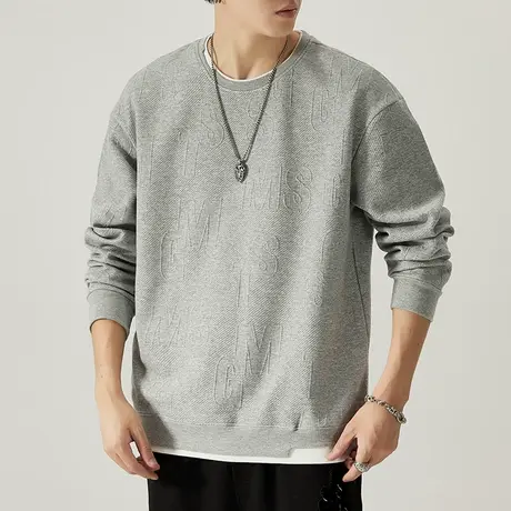 春秋款男士潮牌假两件美式复古圆领卫衣秋季重磅长袖上衣秋天T恤商品大图