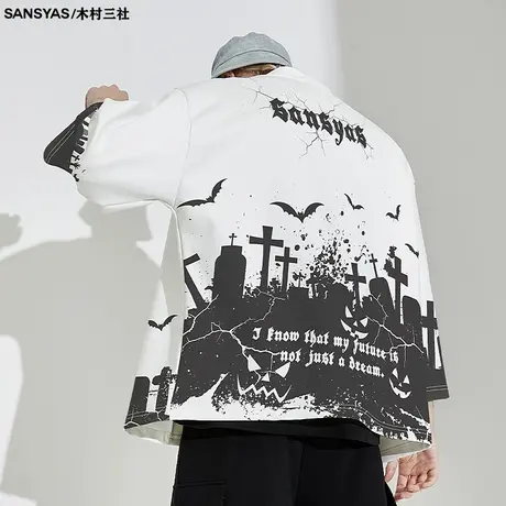 木村三社2022新款万圣夜印花oversize风衣男中长款道袍夏季外套男商品大图