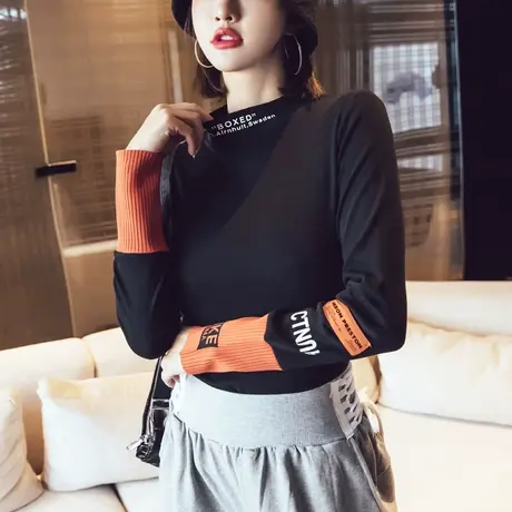 半高领打底衫女秋冬2023新款拼接长袖t恤修身内搭洋气磨绒上衣潮t商品大图