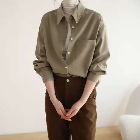 嘉茱莉2023春秋新款磨毛宽松长袖衬衫外套女韩系叠穿衬衫内搭上衣图片